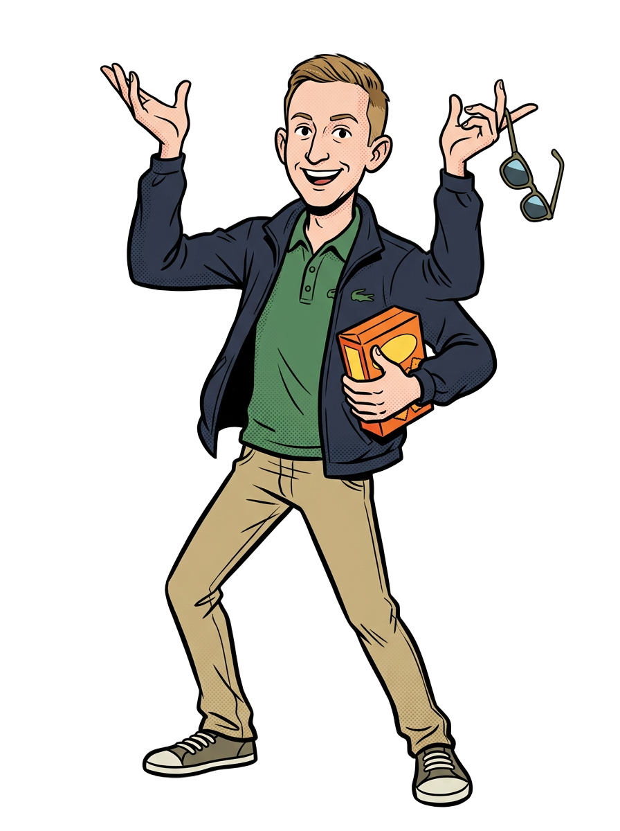 Cartoon Zach gesturing with sunglasses and a box of cheese crackers