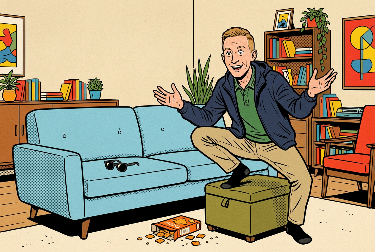Cartoon Zach choosing a tiny ottoman beside an empty couch